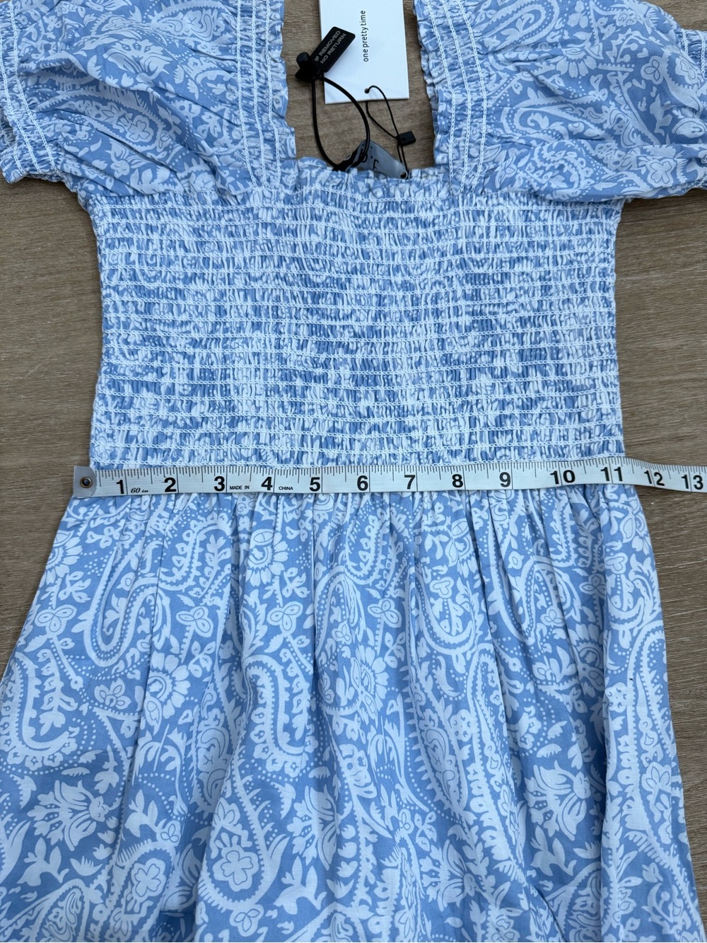o.p.t. Square Neck Smocked Maxi Dress Blue Paisley Print Cotton Puff Sleeve XS - Picture 9 of 11